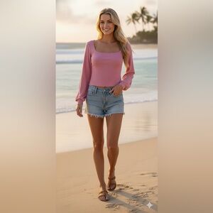 Free People Beach Pink Open Back Square Neck Thermal Top Blouse S